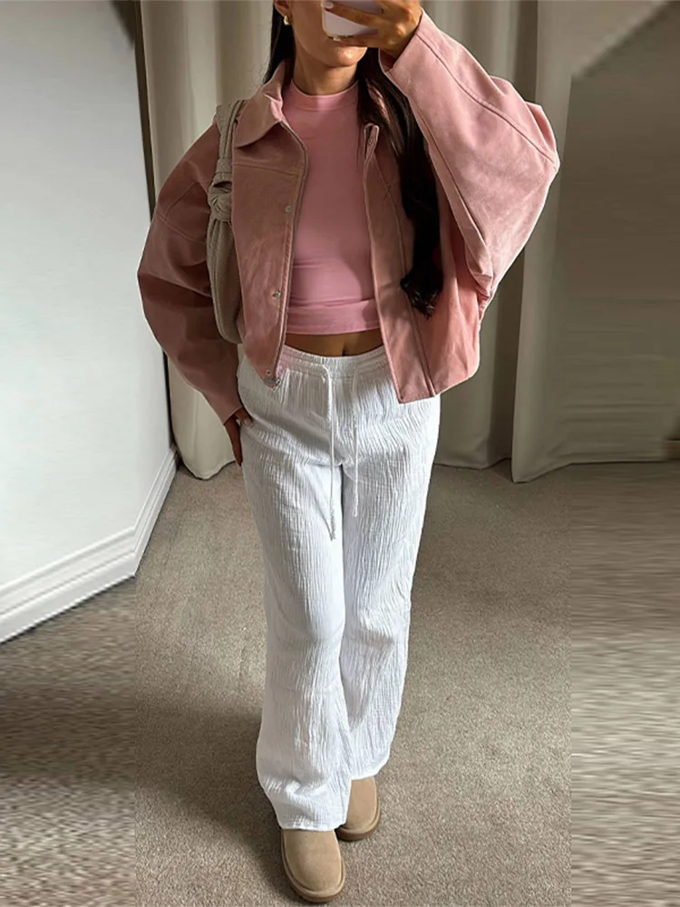 

Женская замшевая короткая куртка, модная свободная толстая куртка с длинным рукавом на молнии и лацканами, женская осенняя новая повседневная верхняя одежда для поездок на работу