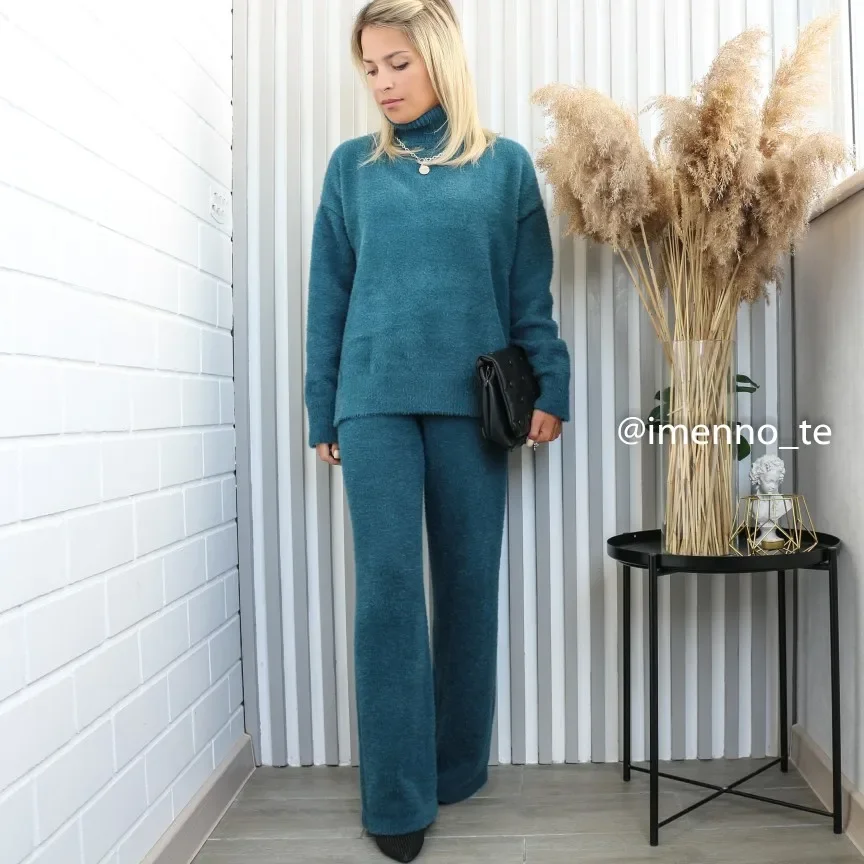 Imitation Mink Cashmere Two Pcs Women Sweater Set Loose Knitted Jumper+ Pant Tracksuit Fashion Warm Lady Suit A53