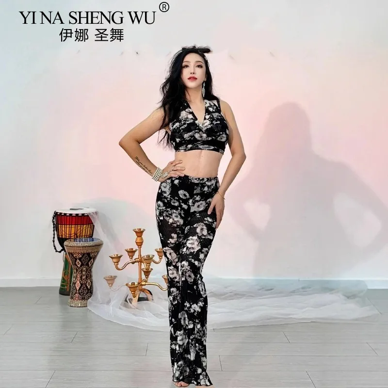 Buikdansoefenoutfit voor dames Zwart Wit Crop Top met bloemen en lange broek Oosterse dans Podiumtraining Prestatiekleding