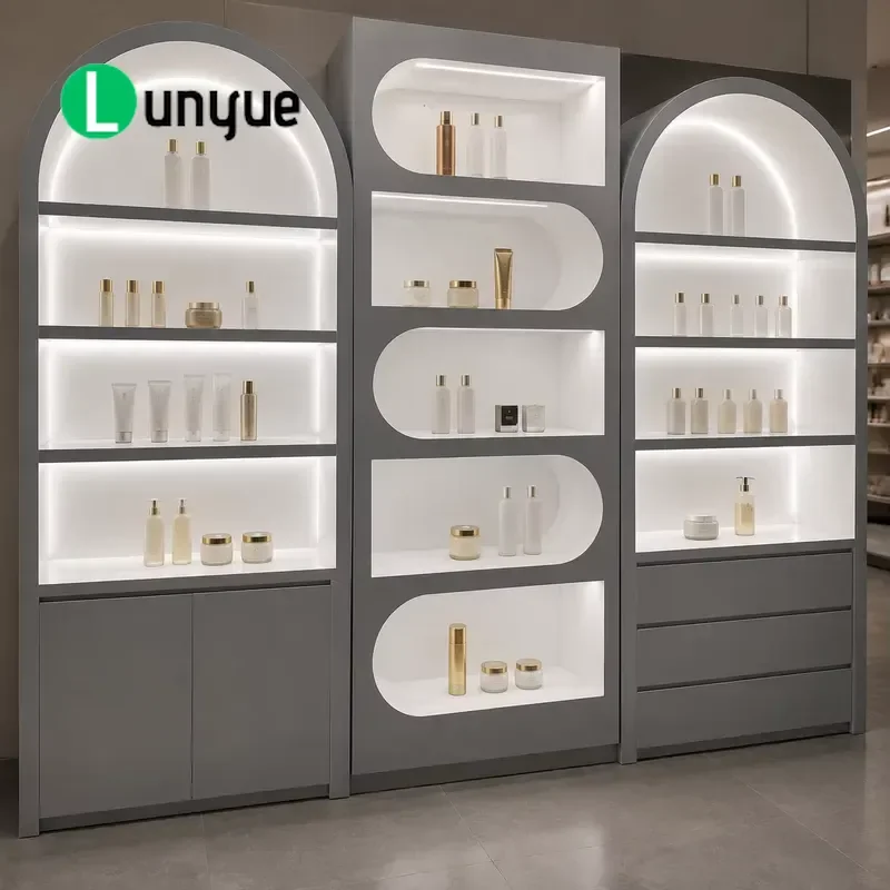 Commercial Full Wall Display Cabinet with LED Lights Adjustable Shelves for Beauty Skincare Products Retail Store