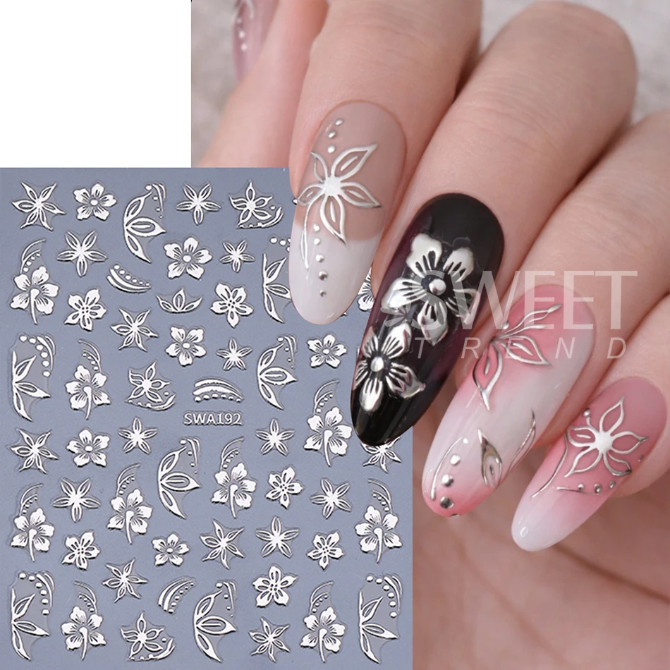 3pcs Elegant Flower Nail Sticker Gold Silver Black Hibiscus Floral Petals Leaf Design Nail Decals Slider DIY Manicure Decoration view 2