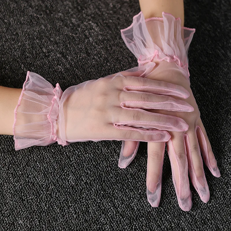 Guantes cortos Retro de tul para primavera y verano para mujer, guantes de boda blancos y negros, manoplas con dedos completos de encaje elástico,