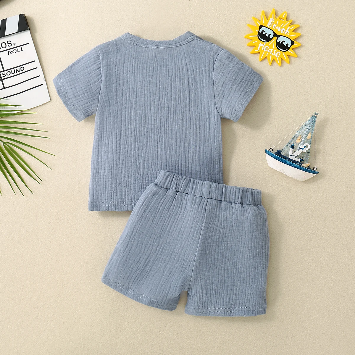 Summer Neutral Baby Toddler Light Blue Stripe Pure Color Short Sleeve Shorts Set Casual Daily Wear for Infants And Toddlers