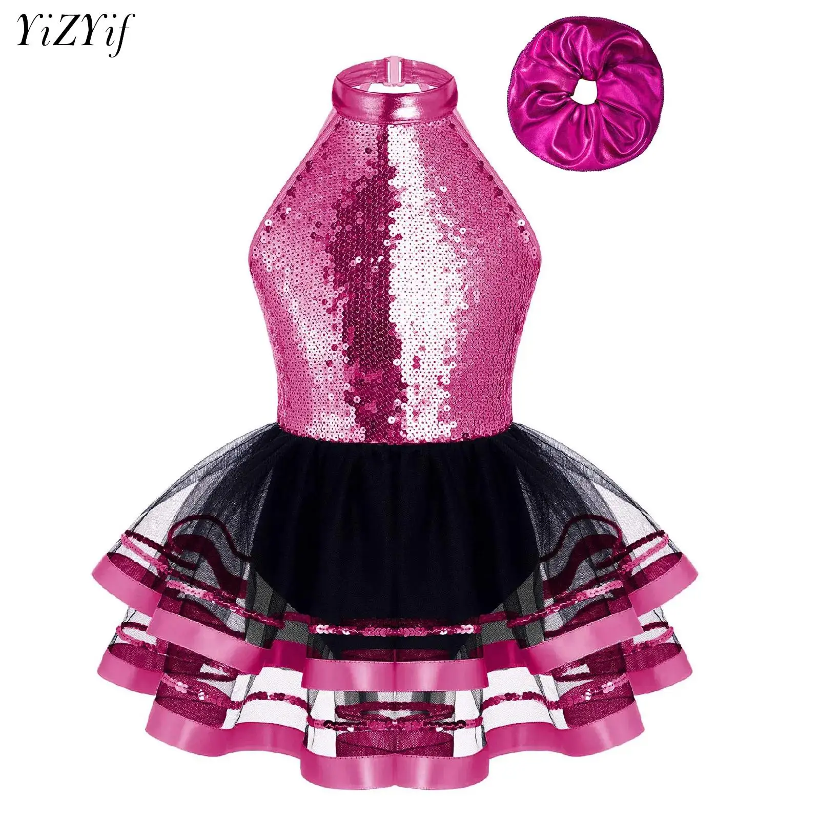 

Kids Girls Dance Set Modern Ballroom Performance Costume Halter Sleeveless Tutu Dress Dancewear with Headwear for Carnival Party