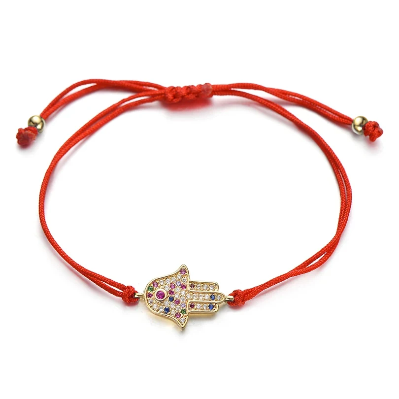 Multicolor Cubic Zirconia Crystal Hamsa Hand Lucky Charm Bracelet Women Fatima Red String Handcrafted Adjustable Jewelry Present