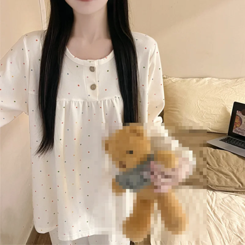 Kawaii anime moda casual sexy conjunto de pijama novo pijamas de manga comprida para mulheres com imitação de algodão em torno do pescoço pulôver solto