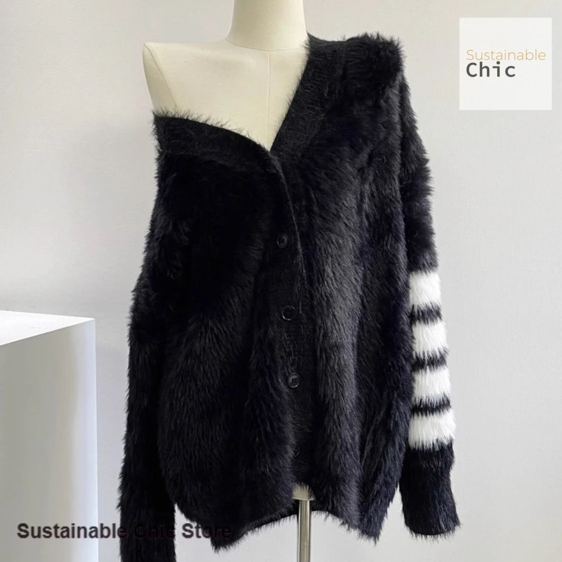 

Korean style black new mink cashmere cardigan long sweater women's autumn and winter new fashion lazy loose casual knitted coat.