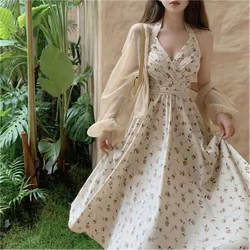 Summer New Gentle Wind Fragmented Flower V-Neck Sling Dress Set Waist Wrap Neck Hanging Long Dress Thin Sun Protection Cardigan