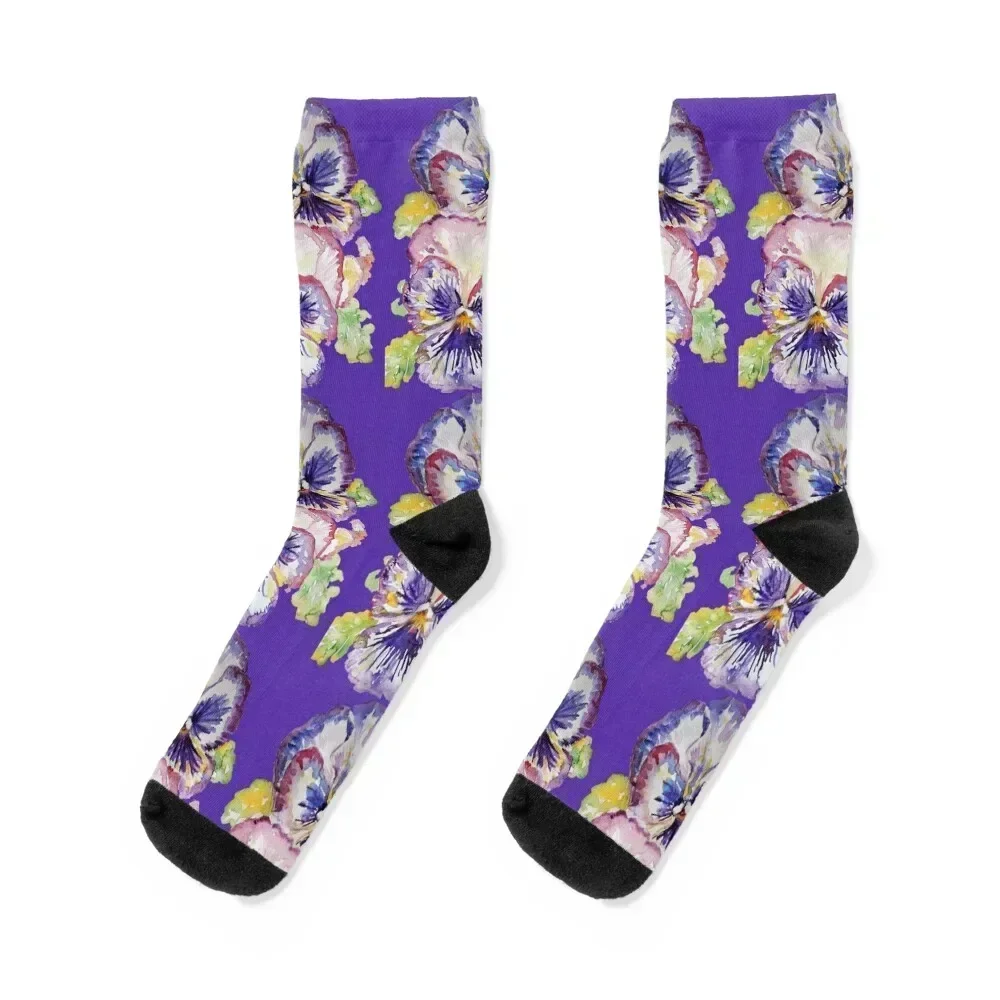 Pansy Watercolor Purple Flower Pattern on Dark Purple Socks custom sports Hiking boots christmas stocking Men Socks Women's