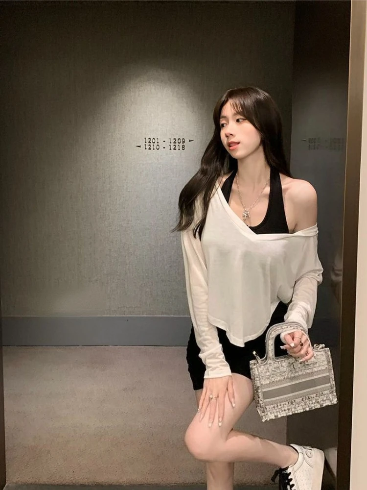 

Summer Hot Girl Pure Sexy Two Piece Set Women Bodycon Halter Neck Dress Hooded Thin Lightweight Sun Cover Up Top