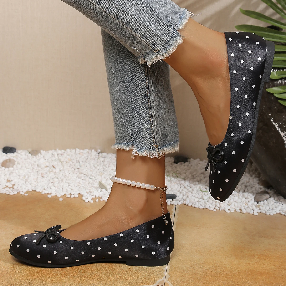 Damen-Ballerinas mit Polka-Dot-Muster und Schleife, runde Zehenpartie, Slip-On, lässige flache Schuhe – Detail 20
