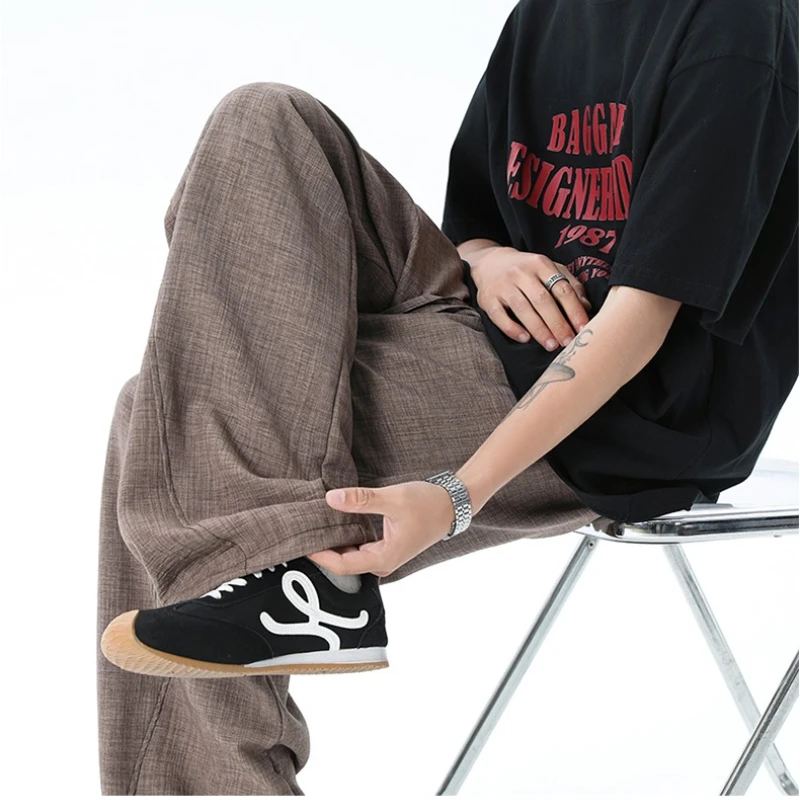

Men Wide Leg Faux Linen Pants Korean Fashion Loose Suit Trousers Casual Draped Baggy Beige Wide Pant Male Streetwear Trousers