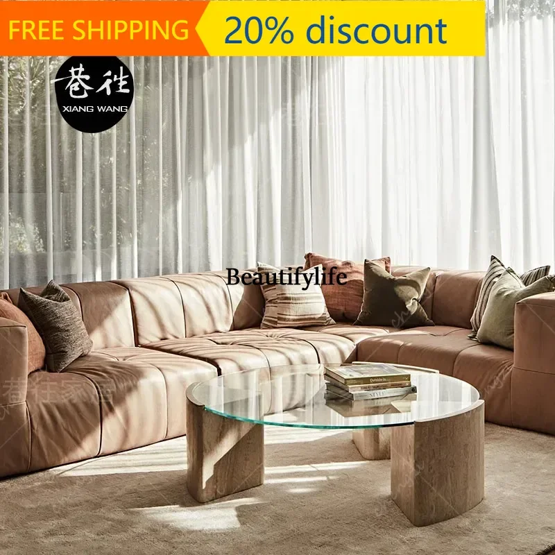 J132 Modern simple cave stone glass coffee table antique natural cave stone small apartment living room retro and advanced sense