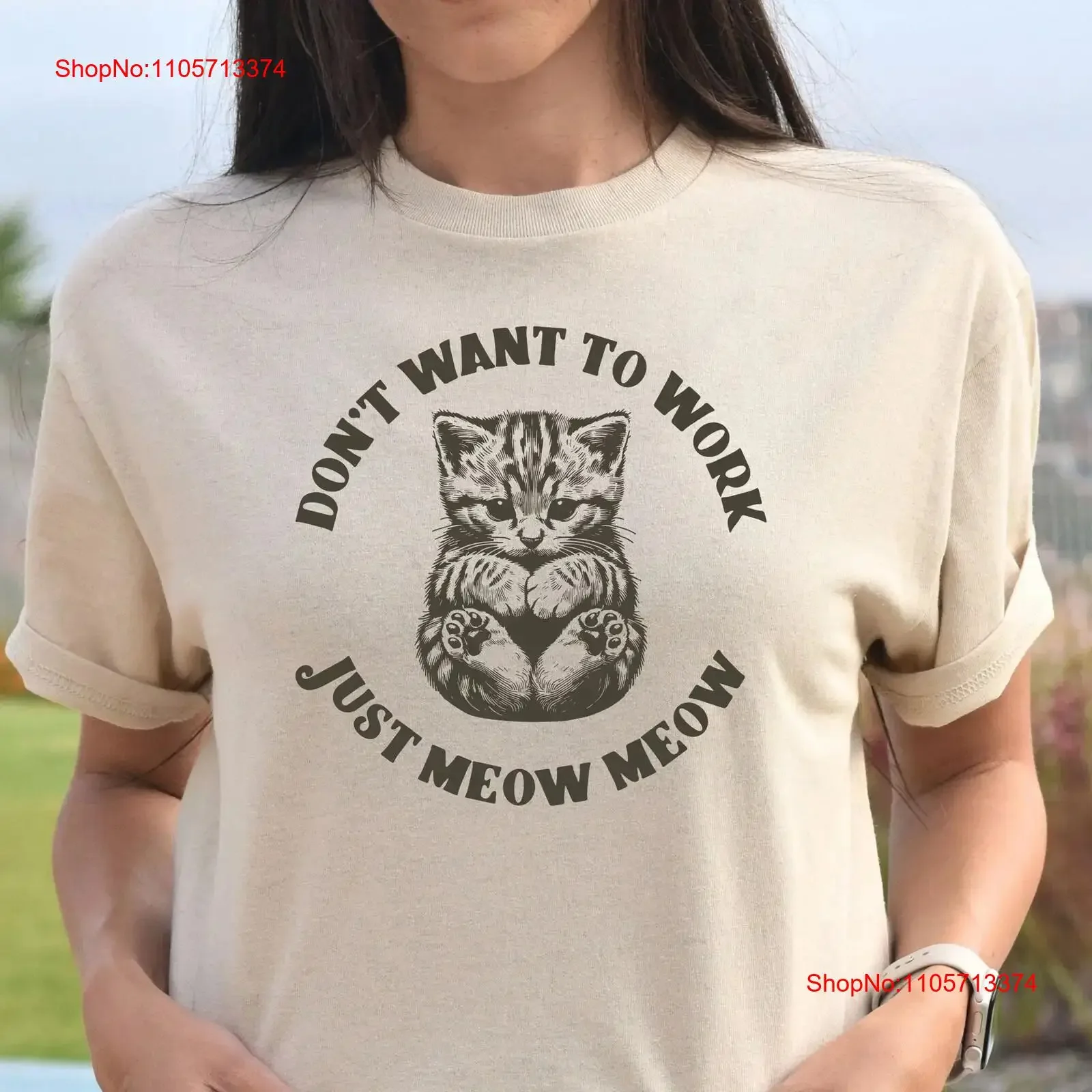 Camiseta divertida de gato: No quiero trabajar, solo meaú, mamá. Sudadera retro para amantes de los gatitos, vintage, lavada, transpirable, ligeramente holgada para hombre.