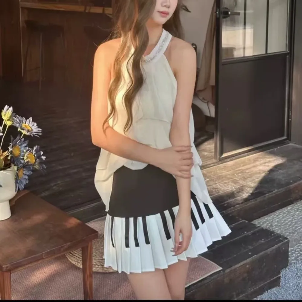 

Sweet Black White Splicing Piano Skirt Slim Preppy Style Keyboard Pleated Skirt JK Dress Korean Style Short Skirt Business