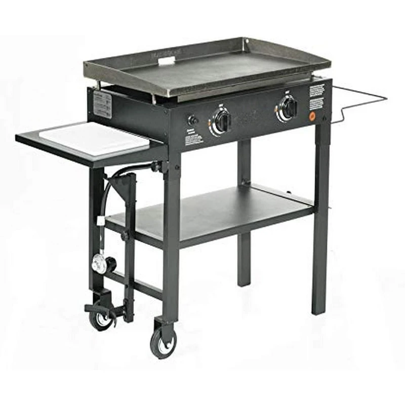 1853 Flat Top Gas Grill 2 Burner Propane Fuelled   for Camping with Built in Cutting Board and Garbage Holder, 28 Inch, Black