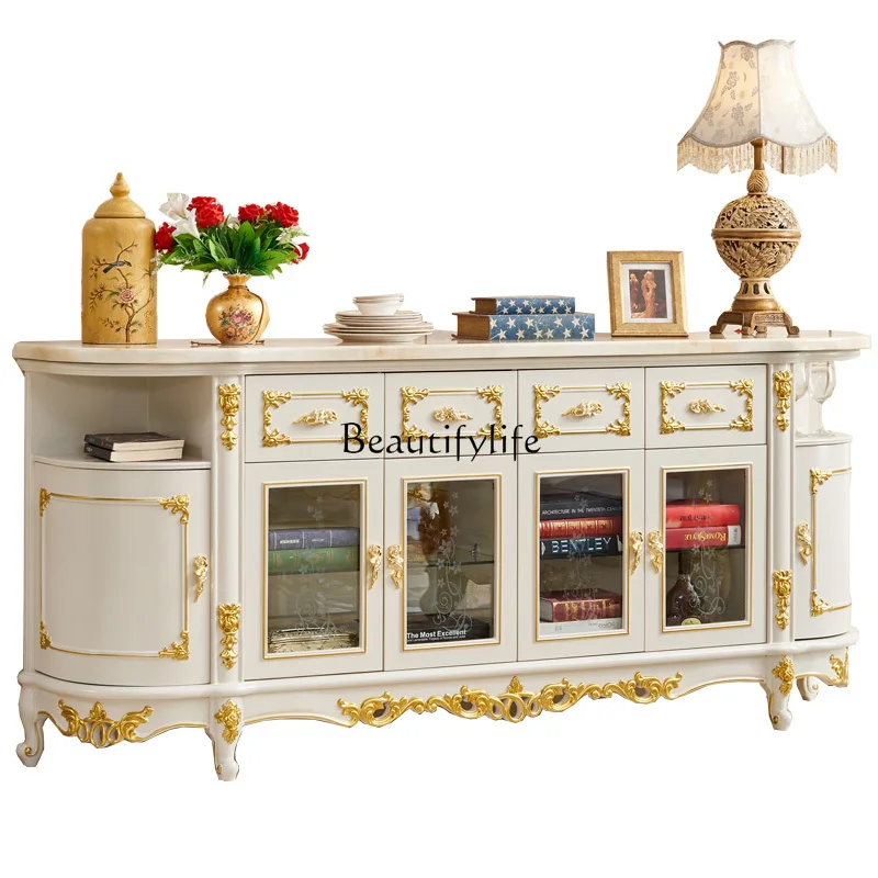 

European marble side cabinet solid wood storage wine cabinet oval marble
