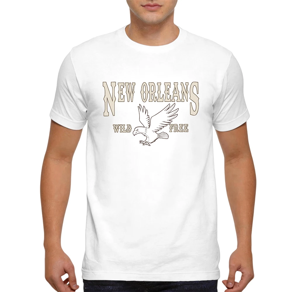 Mens 100% Cotton T Shirt New Orleans Wild Free Flying Eagle Vintage Western Letter Print Breathable Short Sleeve Daily Wear