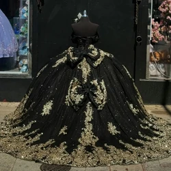 AA157 Customized Black Prom Special Occasion Dress Off Shoulder Gold Applique Bow Puffy Quinceanera Dress 15 16 Year Girl Party