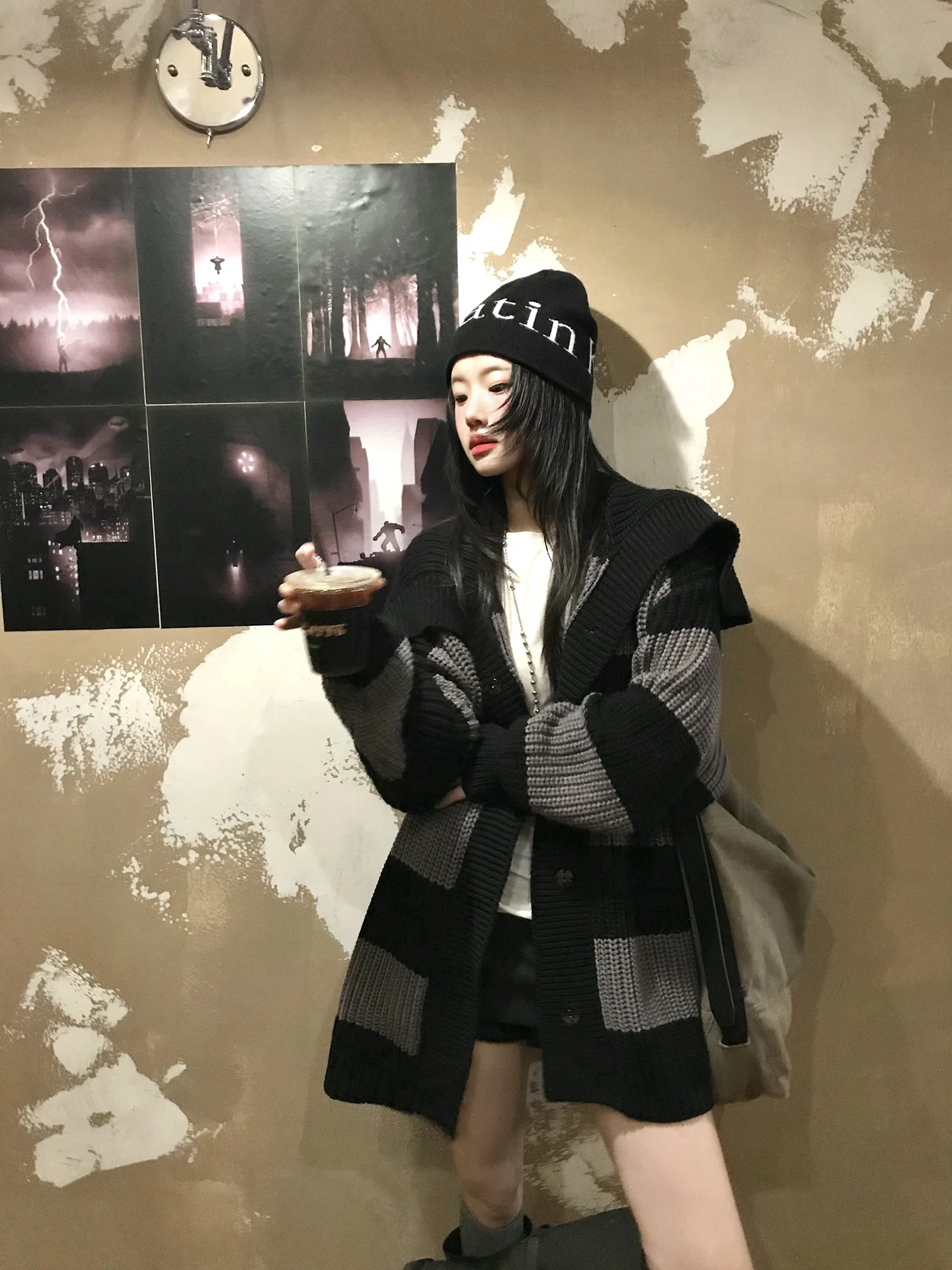 

Ladies Knitted Sweater Coat Middle Length Autumn Winter Faion Contrast Color Yarn Weaving Sle Comfortable Cotton Blend Lo...