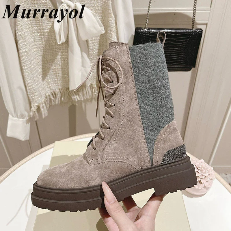 Mid Calf Boots Cow Suede Lace-Up Patchwork Flat Thick Bottom Riding Boots Women Autumn Winter Commuting Shoes Winter Short Boots