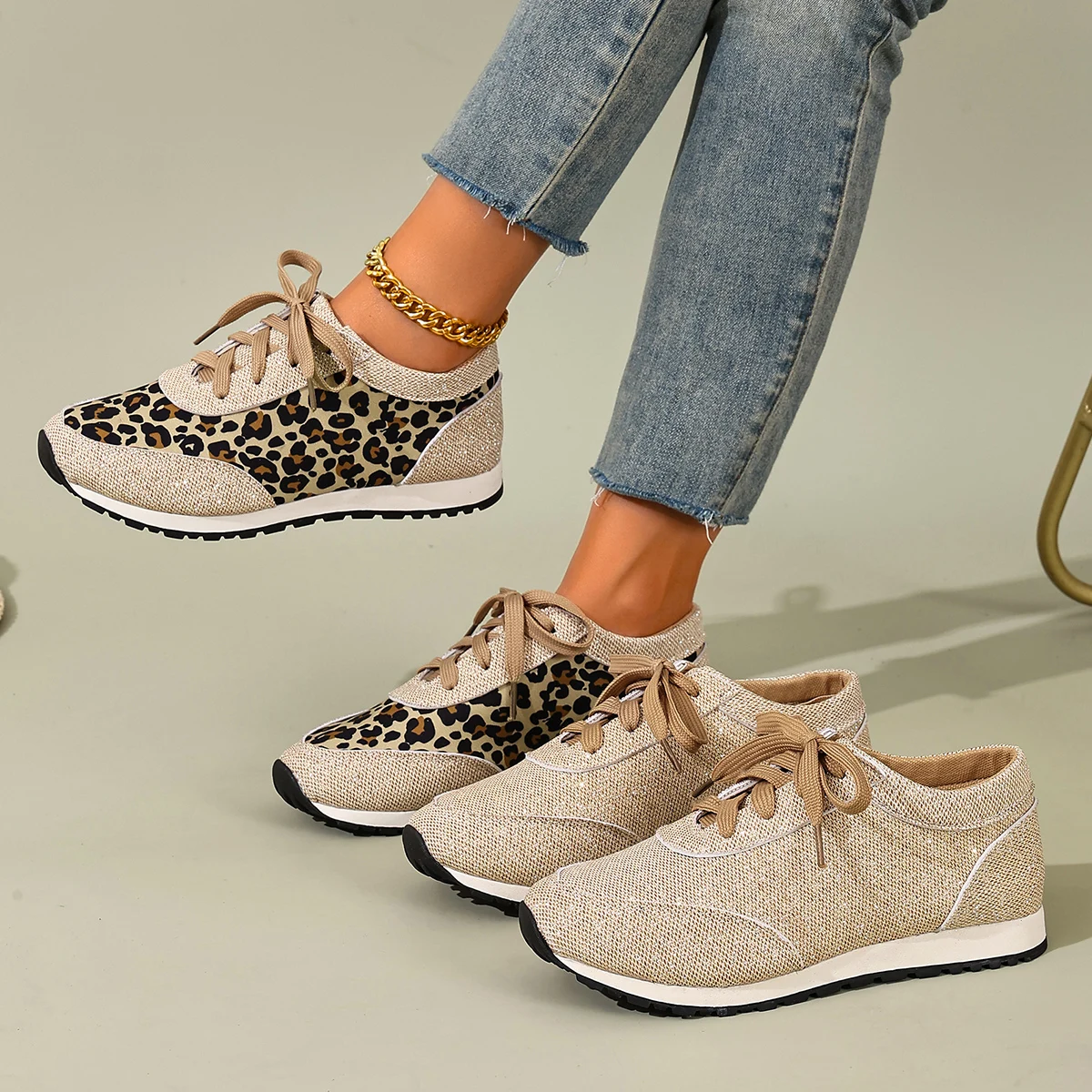 New Summer Women's Leopard Print soft sole Mesh Fabric Breathable Lace-Up Single Shoes Fashionable Comfortable Casual Sneakers