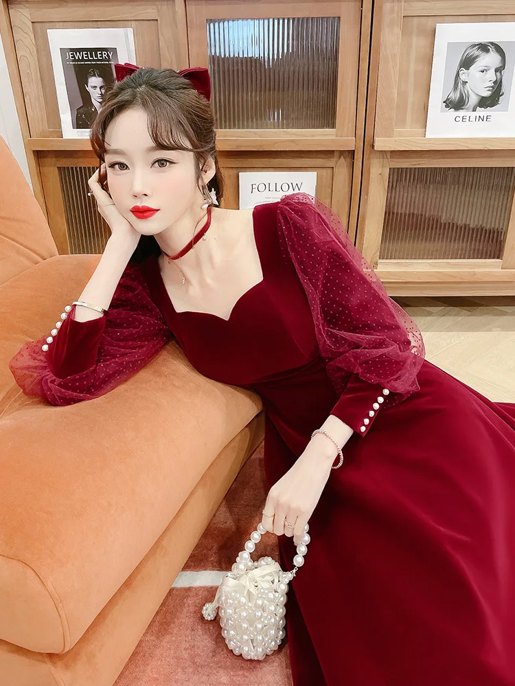 Temperament Burgundy Prom Dress New Elegant Velvet Square Collar Long Sleeve Off Shoulder Ankle-Length Engagement Vestidos