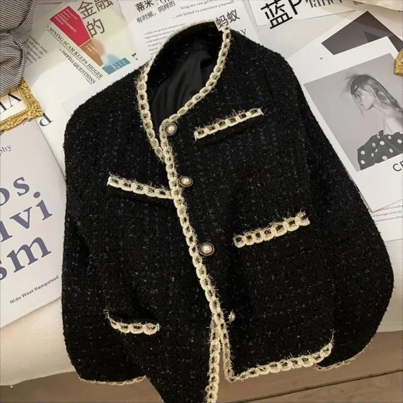 MEXZT Vintage Black Tweed Jacket Women Elegant Cropped Quilted Coat Korean Commute Blazer Winter Ladies Thicken Short Outerwear