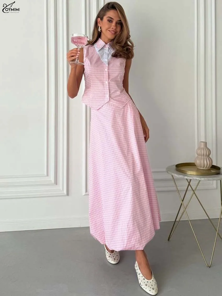 

Oymimi Fashion Pink Print 2 Pieces Set For Woman Elegant Patchwork Sleeveless Button Lace-Up Shirt + Pockets Mid-Calf Skirts Set