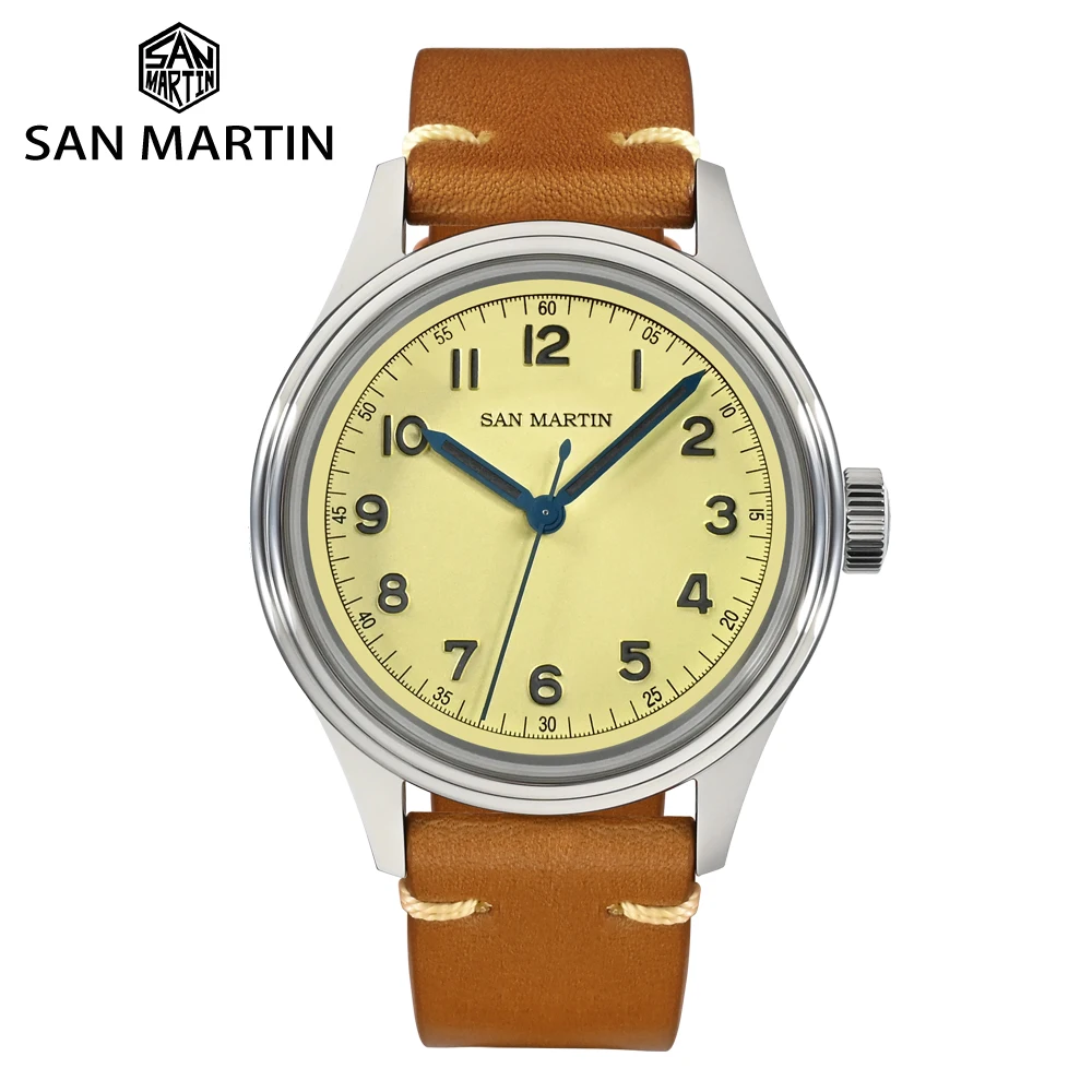 San Martin 38.5mm Vintage Pilot NH35 Military Style Simple Men Automatic Mechanical Wristwatch Sapphire 10Bar Leather Strap