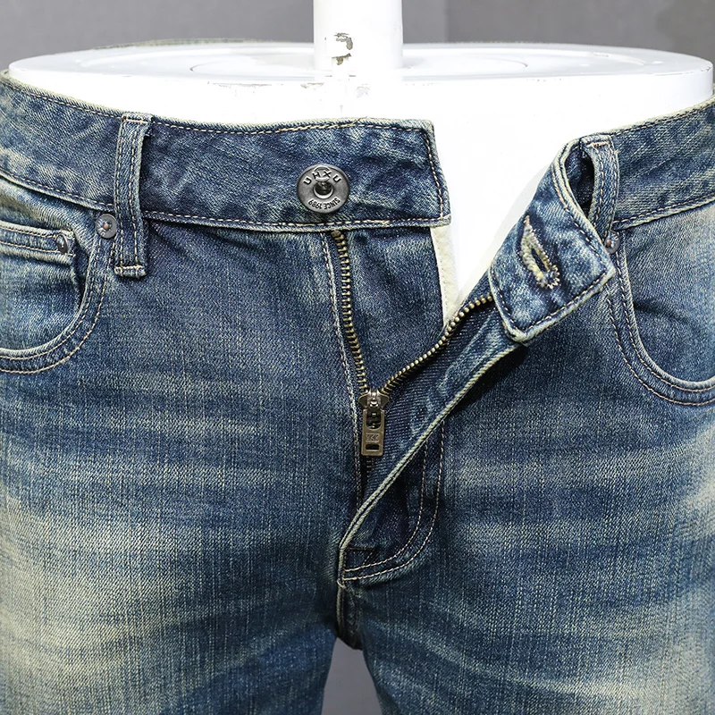 Fashion Designer Men Jeans High Quality Retro Washed Blue Stretch Slim Fit Ripped Jeans Men Vintage Casual Denim Pants Hombre