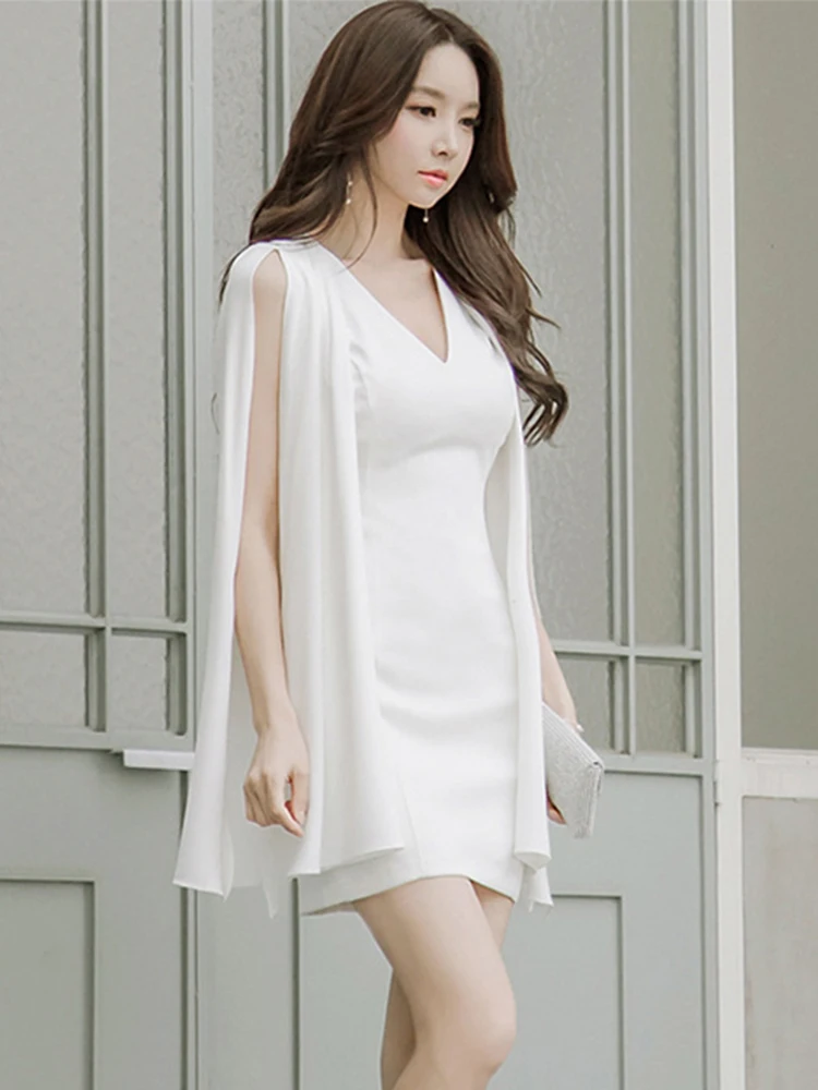 Korean Fashion Elegant Women Evening Dress Lady Chic White Casual V-Neck Slim Mini Party Club Prom Femme Mujer Vestidos Summer