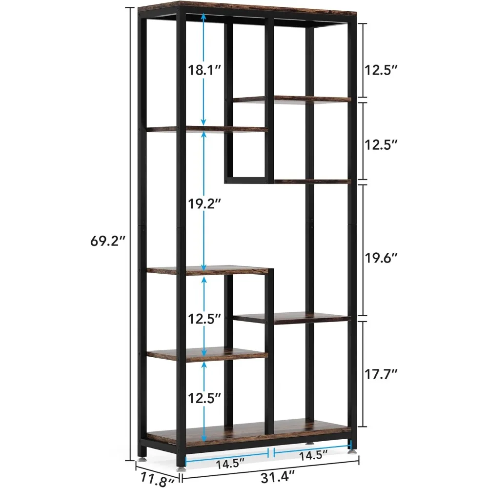 6-Tier Tall Bookshelf Bookcase, Industrial 8-Shelf Open Bookcase Storage Display Book Shelves for Living Room