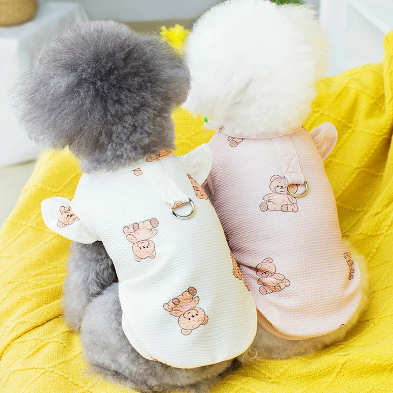 Bear Pattern Pet Dog Clothes Summer Flying Sleeve Pink Dog Hoodies Puppy Sweatshirt Tshirt with D-Ring Puppy Shirt Pomeranian XL