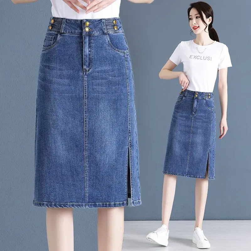 Women's 2024 Summer New Minimalist Commute Solid Color High Waist Button Pockets A-line Thin Midi Split Hip Wrapped Denim Skirts