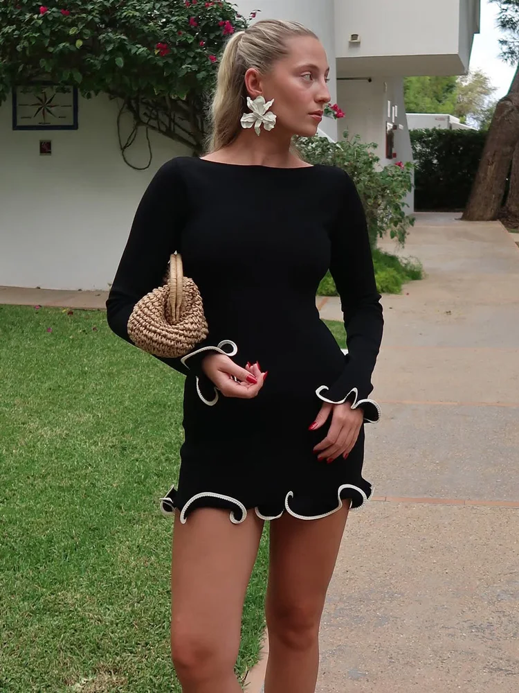 

Tossy Fashion Women's Knit Mini Dress Ruffled Autumn High Waist Elegant Slim Party Dress Patchwork Knitwear Sweater Female Dress