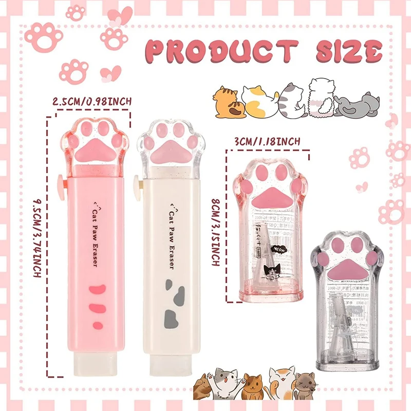 Cute Cat Paw Lápis Sharpener, Eraser Retrátil, Kawaii Lápis Sharpener, Material Escolar, 8 Pcs