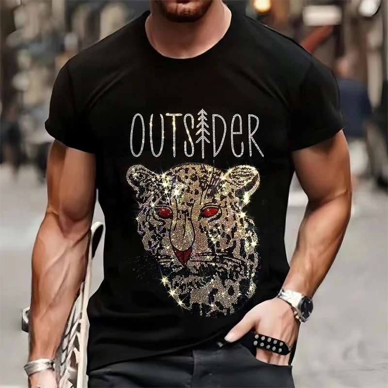 Fashion Mens Quality T-Shirts Summer Casual Street Short Sleeve Leopard Graphic Clothing Tee Tops O-Neck Rhinestone Club Tshirt