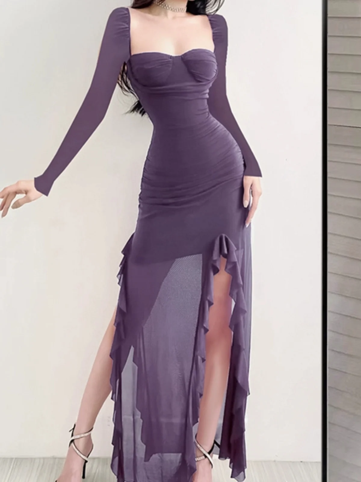 2024 neue ins lang ärmel ige schlanke Alters reduzierung Wrap Gesäß plissiert reine Wunsch Rüschen Rand Split Mesh sexy Lady Kleid v1n6