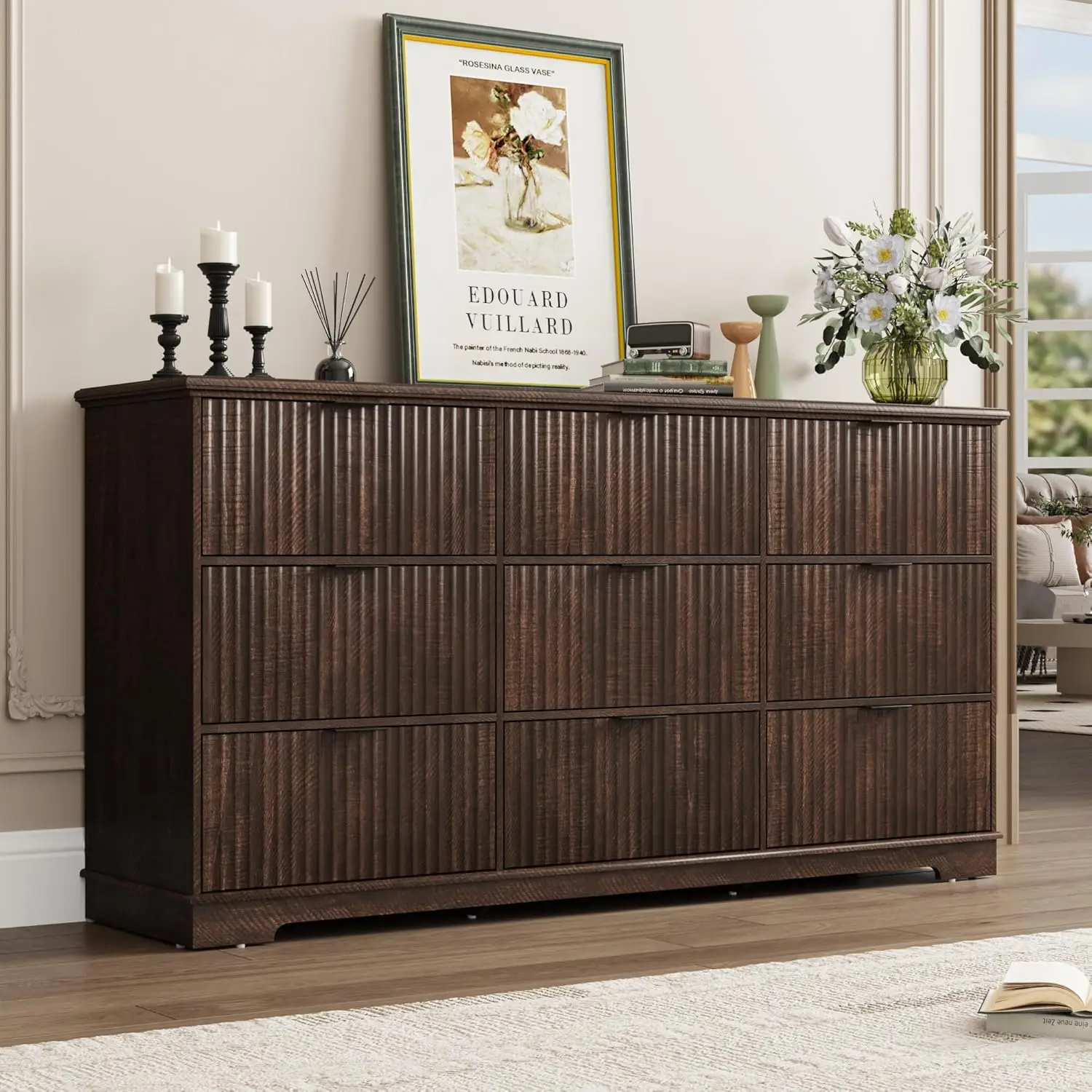 Upgraded Brown Wood 9 Drawer Dresser with Power Outlet and Deep Drawers for Bedroom and Living Room, Wide Chest for Storage