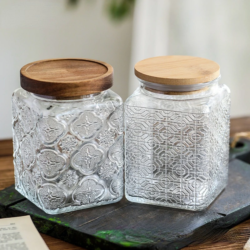 Vintage Square Embossed Glass Jar Acacia Wood Lid Sealed Jar Cylindrical Kitchen Storage Bottle Sugar Food Storage Container New