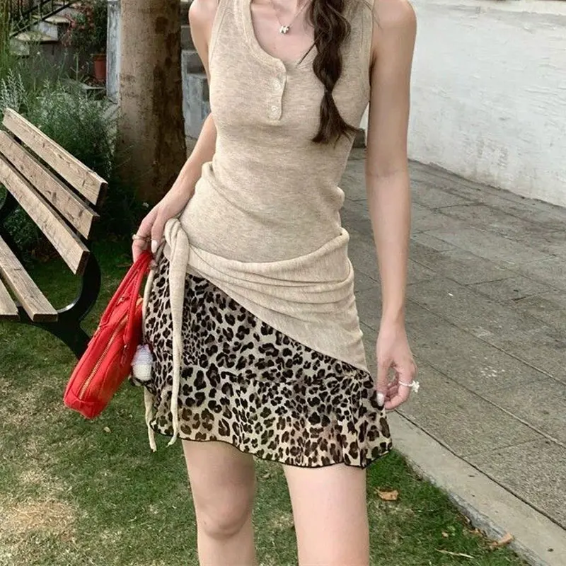 Korean Leopard Print Ruffle Chic Mini Skirts Summer High Waist Women Sheer Chiffon Flowy A Line Y2K Casual Vacation Short Skirts