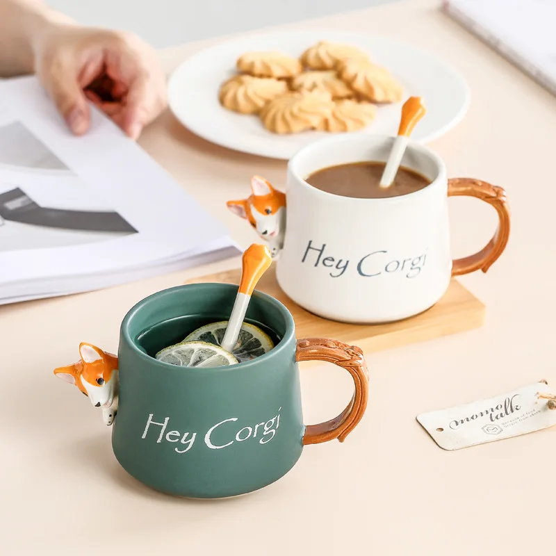 Cute Corgi Ceramic Coffee Mug Comes with Lid Spoon Drinking Glasses Home Office Couples Kawaii Cup Beautiful Tea Mugs