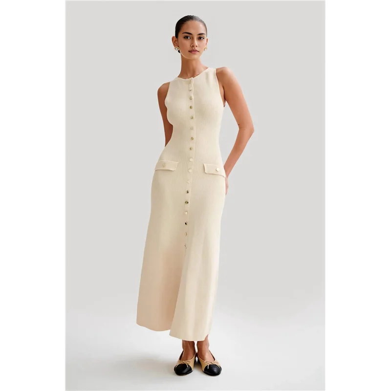 ABP-robe longue en tricot pour femmes, sans manches, simple boutonnage, fente, col rond, pull, moulante, été
