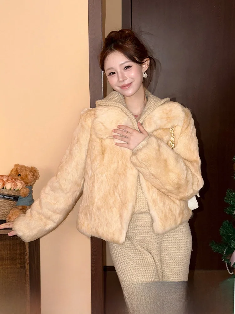 

White Gold Color Fur Coat Women's Collar Overcoat Thickened Winter New Style Short Length Rabbit Fur Standard Version