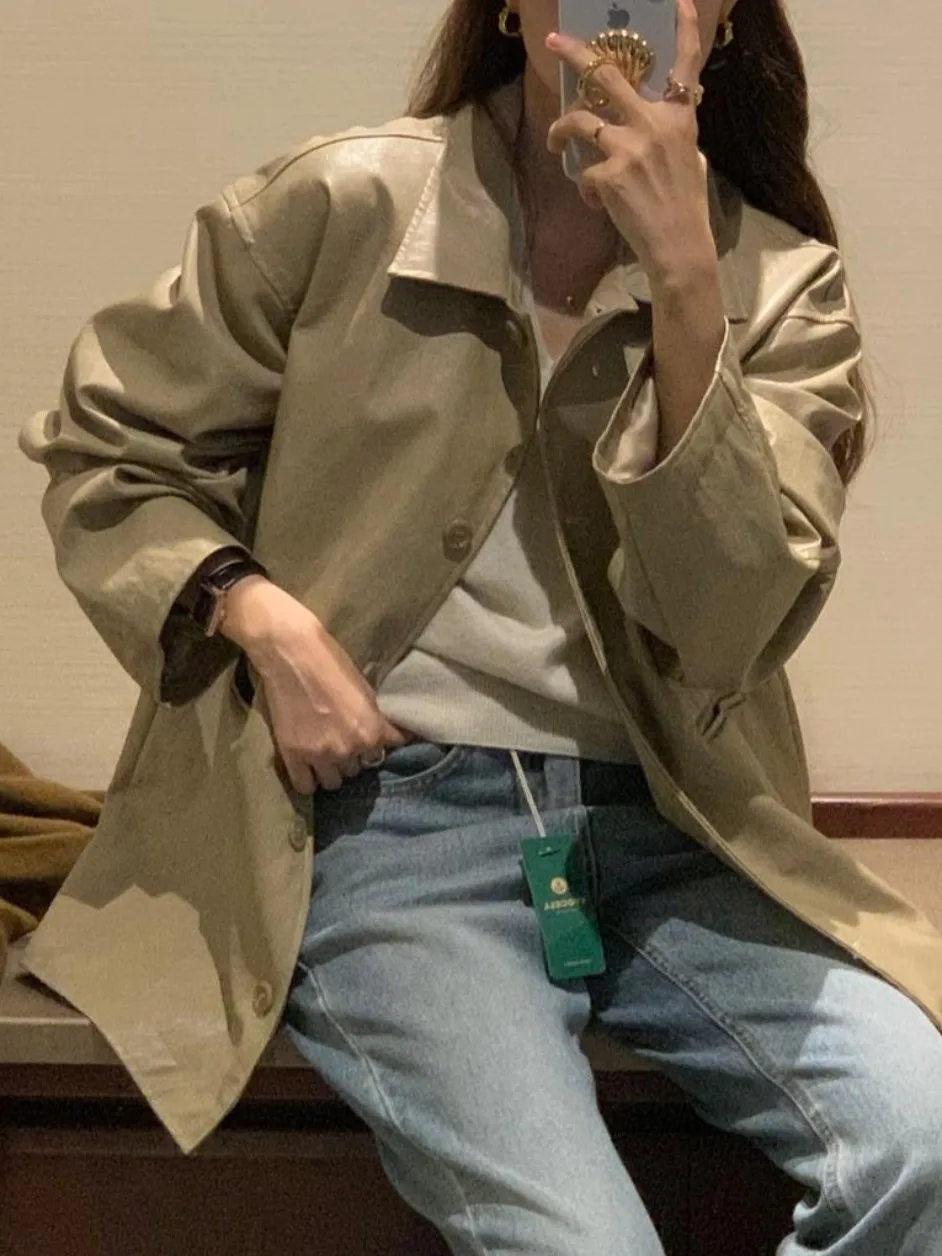 Chic Early Spring mat Sle Single Button Stand Collar Mid-Length PU Leather Jaet Women Loose Casual Leather Coat