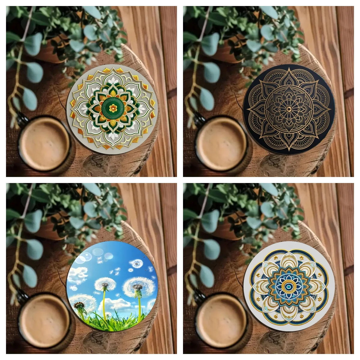 4 قواعد/مجموعة من أكواب/مجموعة فنية بنمط زهور ماندالا الشفاء، قواعد خشبية مضادة للانزلاق، مناسبة لتزيين المطبخ والمكتب والحفلات