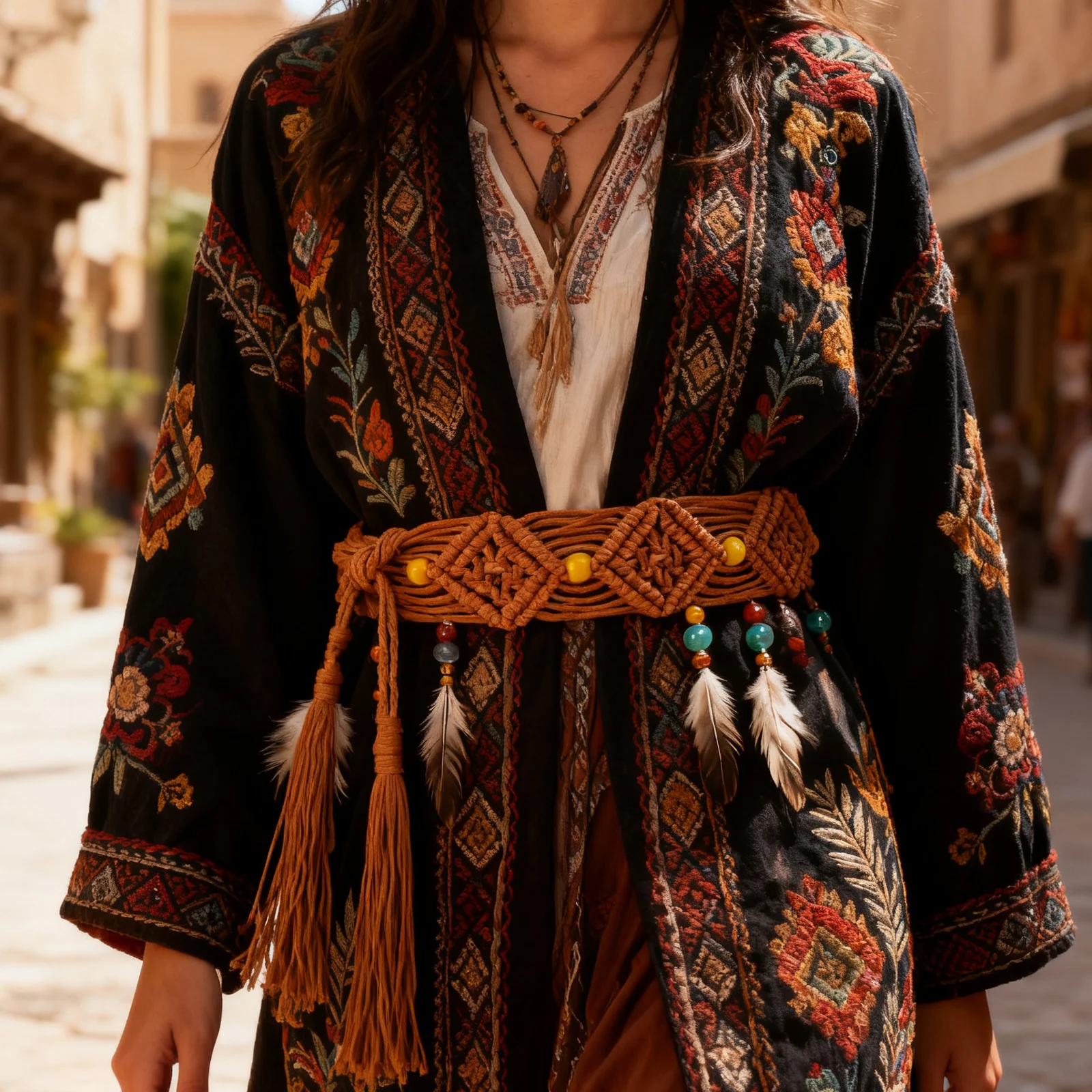 

Bohemian Waist For Women Handwoven Braided Rope Belt With Wooden Beads Fashion Dress Accessory - Retro Boho Style Woven Belt