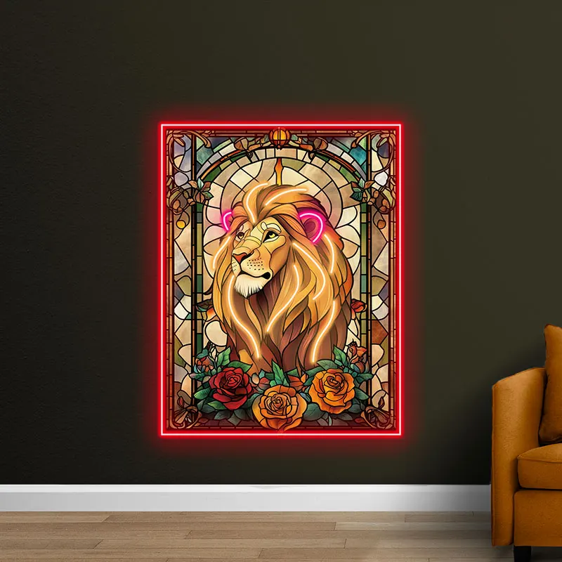 Stained Glass Lion Neon Light, Vibrant LED Wall Art for Living Room, Office & Kids Room, Unique Home Decor with Safe 12V Voltage