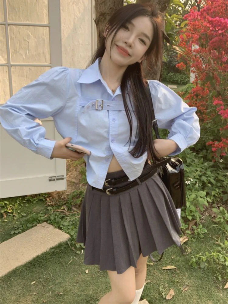 

Fashion Design Blouses Solid Color Turn Down Collar Long Sleeve Crop Tops Patchwork Shirts All Match Elegant Women Clothing 2024